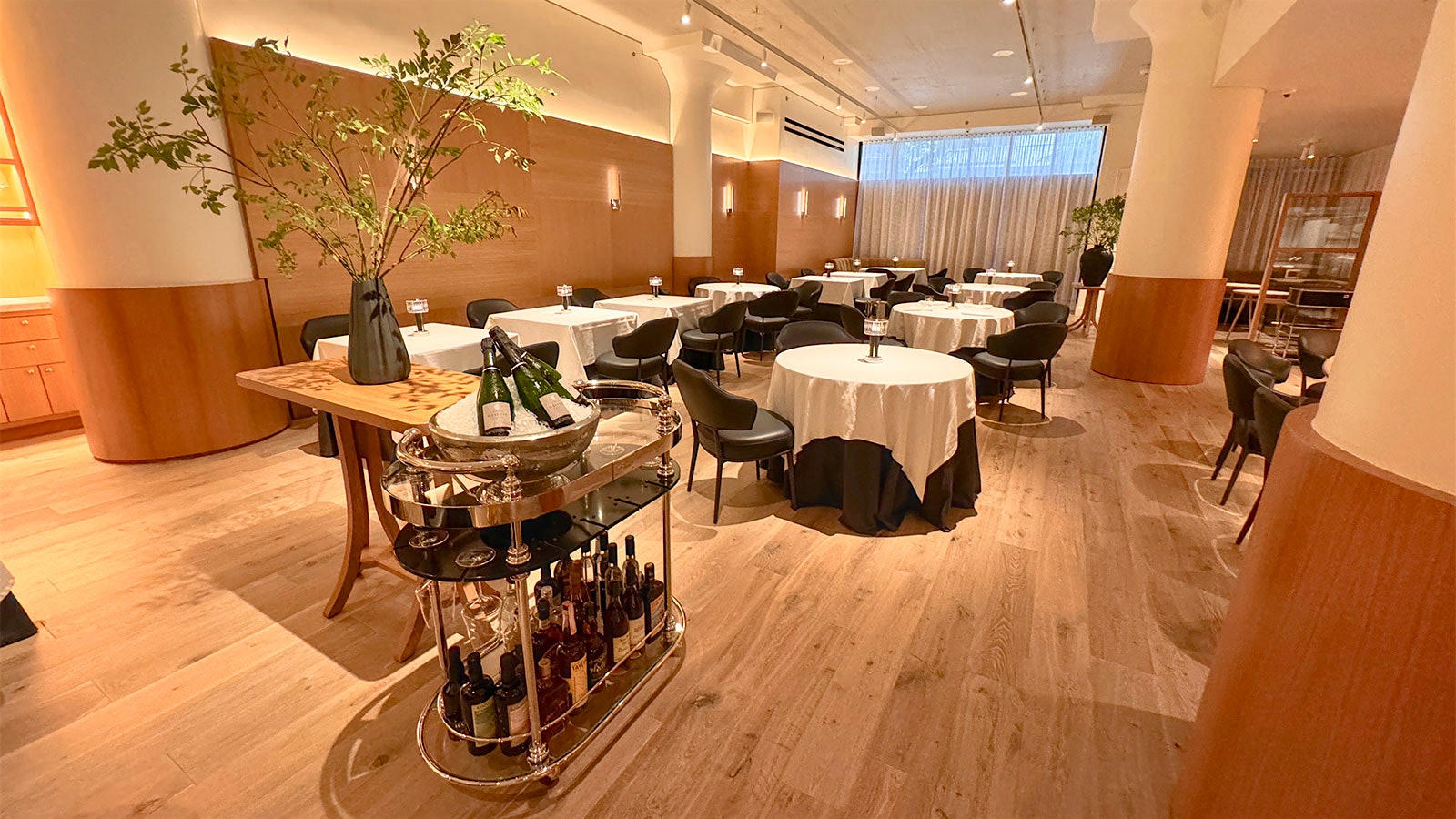 The interor of César, with light wood walls, black leather seats, a cart of sparkling and still wines and a black vase holding a leafed bamboo